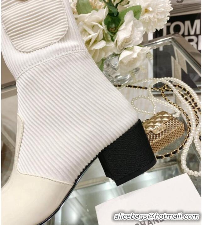 Good Quality Chanel Grosgrain, Knit & Patent Calfskin Ankle Boots 5.5cm G38522 Ivory/White/Black