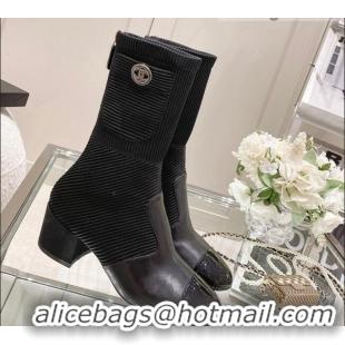 Top Grade Chanel Grosgrain, Knit & Patent Calfskin Ankle Boots 5.5cm G38522 Black