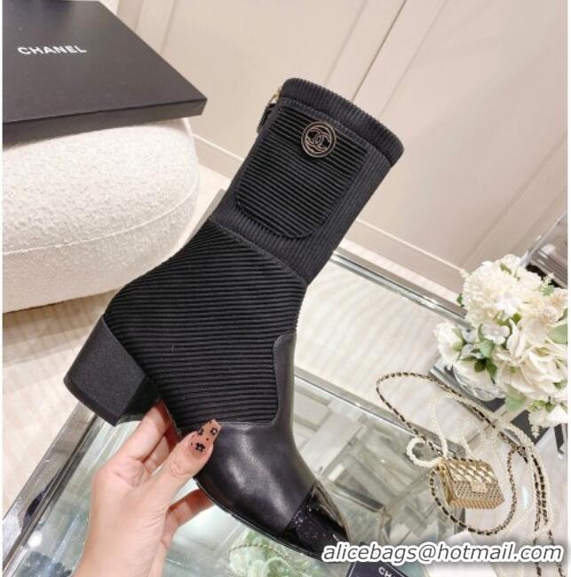 Top Grade Chanel Grosgrain, Knit & Patent Calfskin Ankle Boots 5.5cm G38522 Black