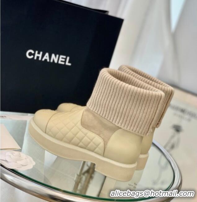 Top Quality Chanel Lambskin, Suede & Knit Ankle Boots G38185 Beige