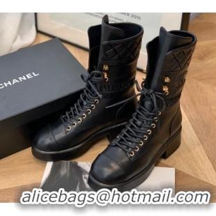 Low Cost Chanel Lambskin Lace-ups Ankle Boots G37956 Black