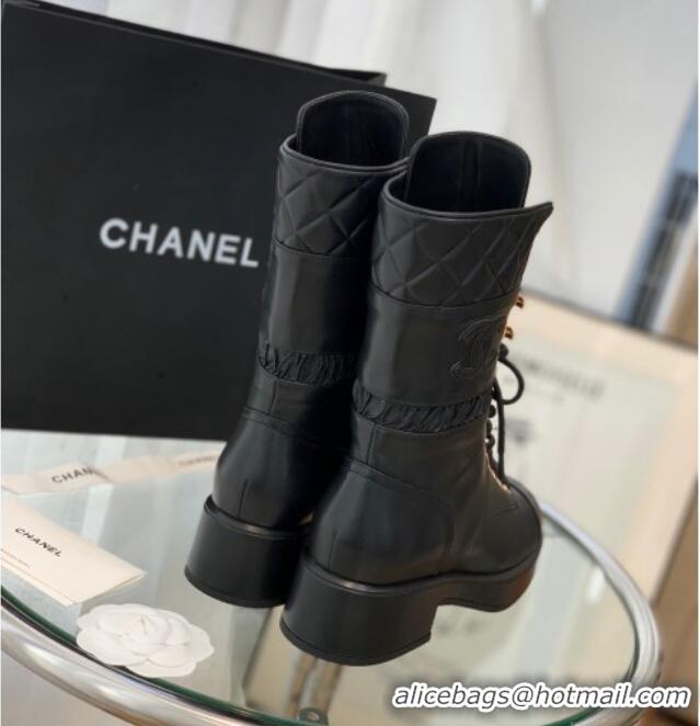 Low Cost Chanel Lambskin Lace-ups Ankle Boots G37956 Black