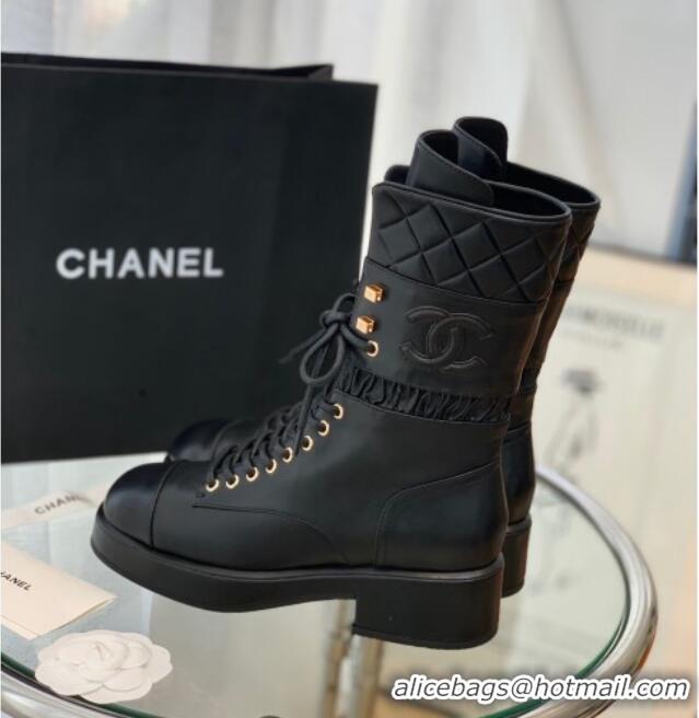 Low Cost Chanel Lambskin Lace-ups Ankle Boots G37956 Black