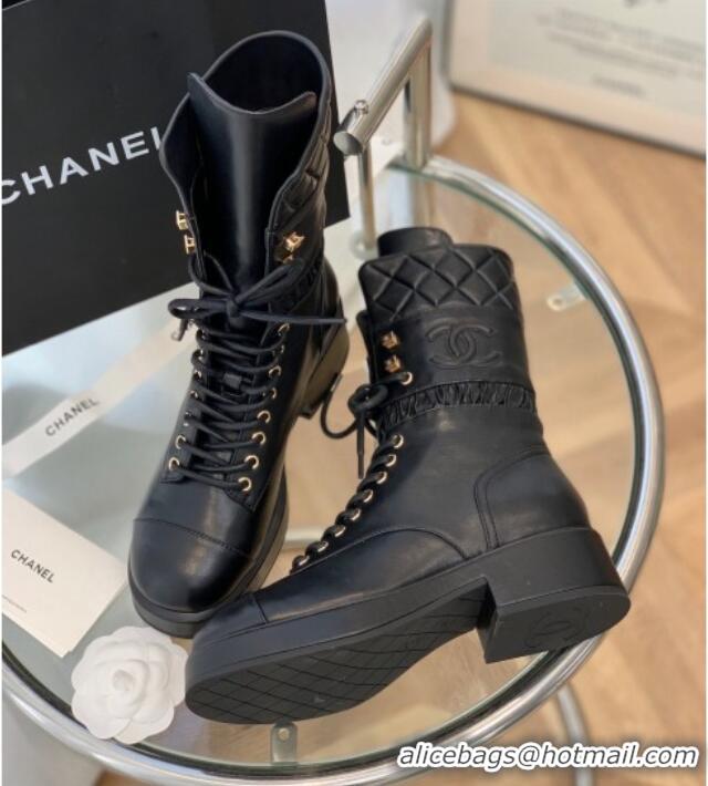 Low Cost Chanel Lambskin Lace-ups Ankle Boots G37956 Black