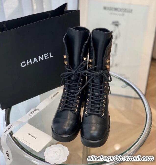 Low Cost Chanel Lambskin Lace-ups Ankle Boots G37956 Black