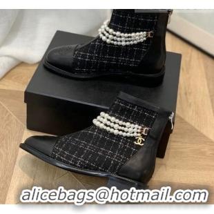 Best Price Chanel Tweed Ankle Boots with Pearl Tassel Black 121763