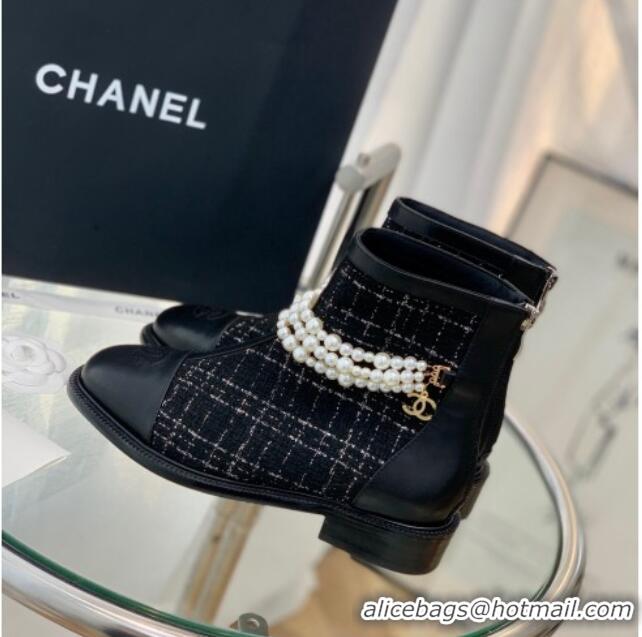 Best Price Chanel Tweed Ankle Boots with Pearl Tassel Black 121763