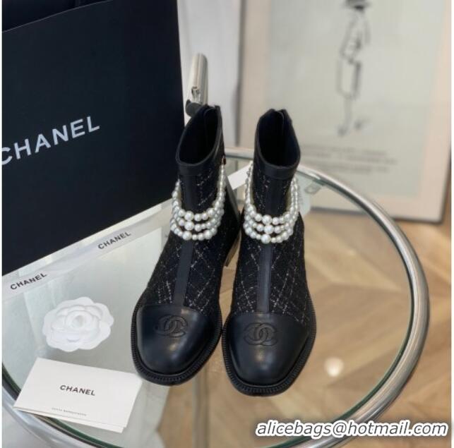 Best Price Chanel Tweed Ankle Boots with Pearl Tassel Black 121763