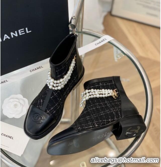 Best Price Chanel Tweed Ankle Boots with Pearl Tassel Black 121763