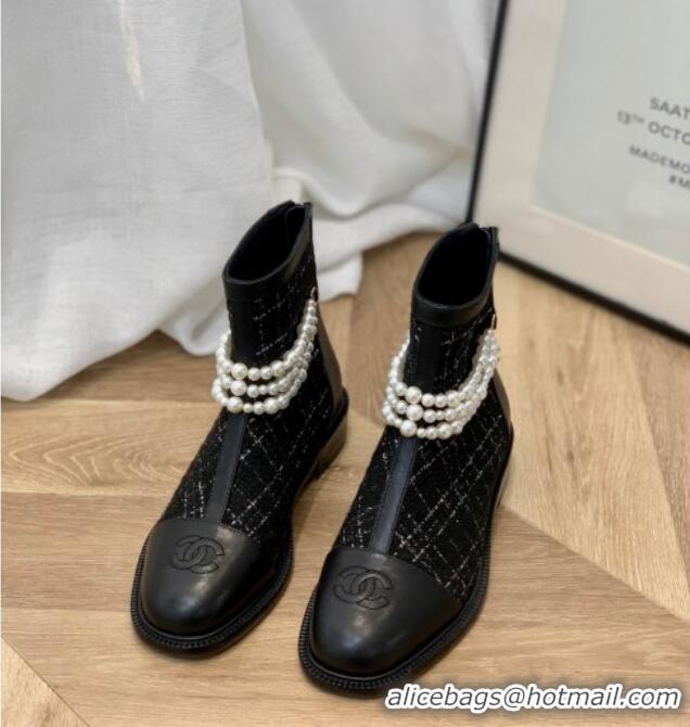 Best Price Chanel Tweed Ankle Boots with Pearl Tassel Black 121763