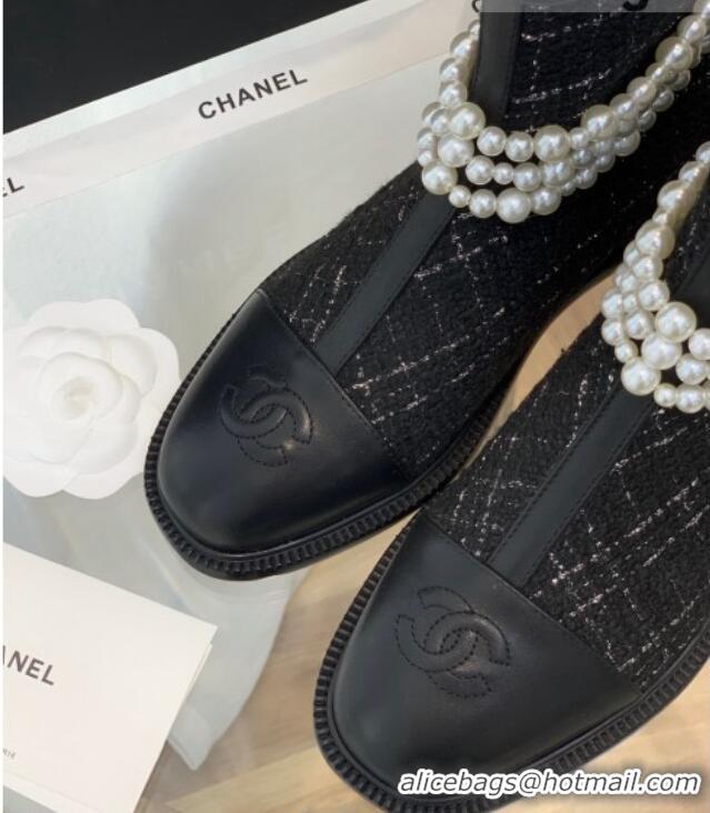 Best Price Chanel Tweed Ankle Boots with Pearl Tassel Black 121763