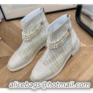 Low Cost Chanel Tweed Ankle Boots with Pearl Tassel 121763 White