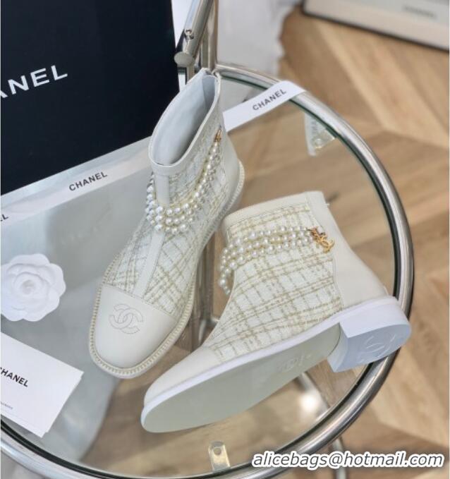 Low Cost Chanel Tweed Ankle Boots with Pearl Tassel 121763 White