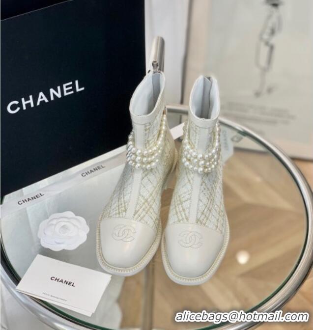 Low Cost Chanel Tweed Ankle Boots with Pearl Tassel 121763 White