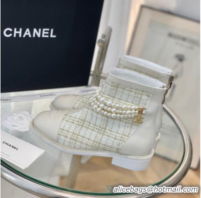 Low Cost Chanel Tweed Ankle Boots with Pearl Tassel 121763 White