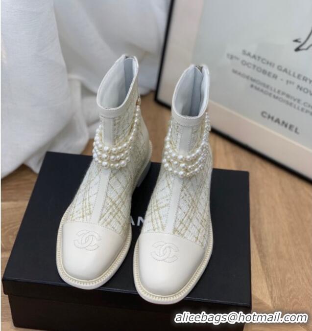 Low Cost Chanel Tweed Ankle Boots with Pearl Tassel 121763 White