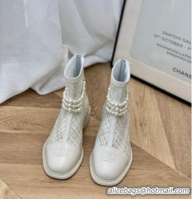 Low Cost Chanel Tweed Ankle Boots with Pearl Tassel 121763 White