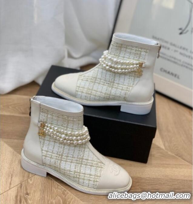 Low Cost Chanel Tweed Ankle Boots with Pearl Tassel 121763 White