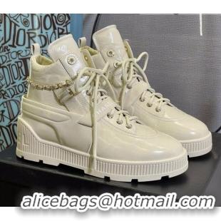 Top Quality Chanel Patent Leather Lace-ups Ankle Boots Cream 121765 White