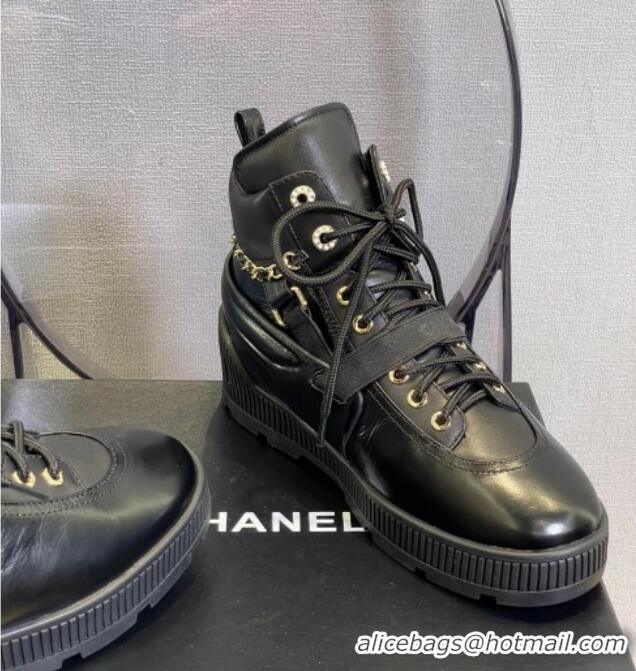 Grade Design Chanel Patent Leather Lace-ups Ankle Boots Cream 121765 Black