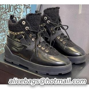 Perfect Chanel Patent Leather & Tweed Lace-ups Ankle Boots 121767 Black