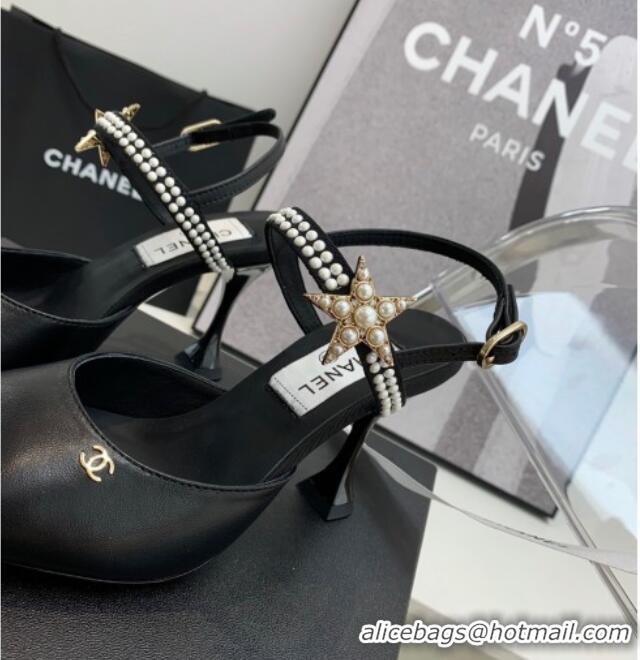 Sumptuous Chanel Lambskin Heel Sandals with Pearl and Star Charm 8cm Black 122007