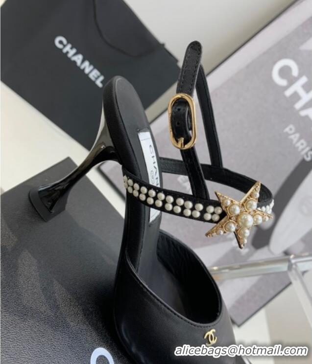 Sumptuous Chanel Lambskin Heel Sandals with Pearl and Star Charm 8cm Black 122007