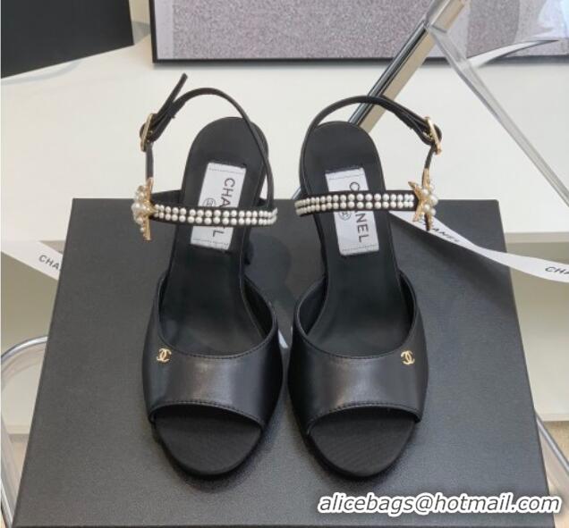 Sumptuous Chanel Lambskin Heel Sandals with Pearl and Star Charm 8cm Black 122007