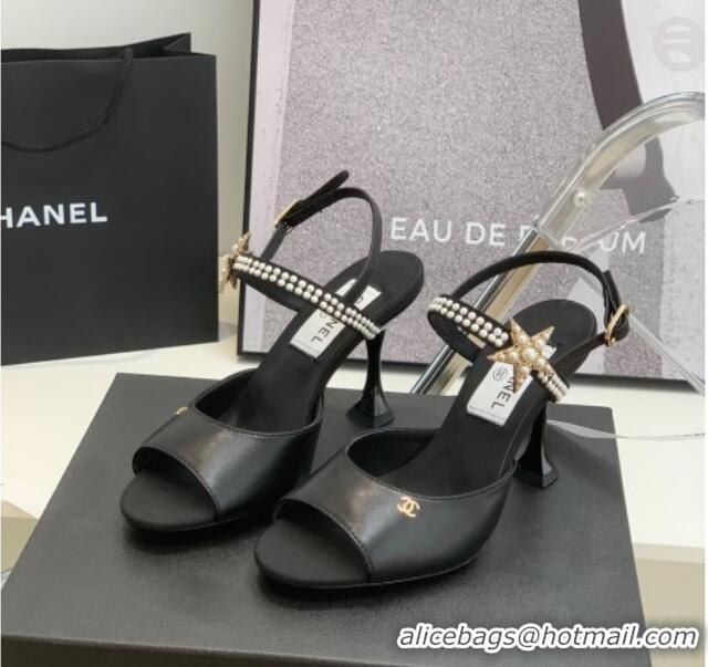 Sumptuous Chanel Lambskin Heel Sandals with Pearl and Star Charm 8cm Black 122007