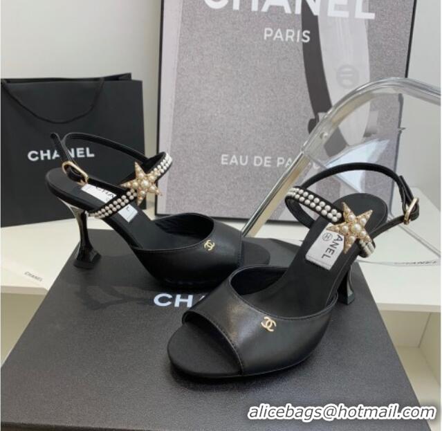 Sumptuous Chanel Lambskin Heel Sandals with Pearl and Star Charm 8cm Black 122007