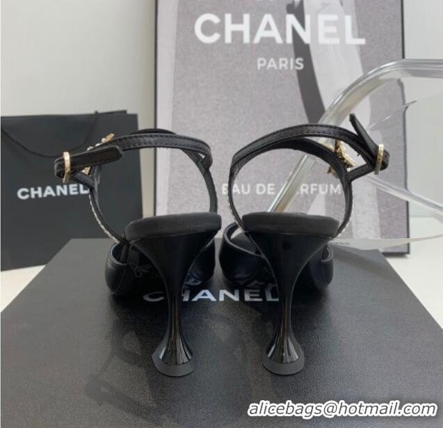 Sumptuous Chanel Lambskin Heel Sandals with Pearl and Star Charm 8cm Black 122007