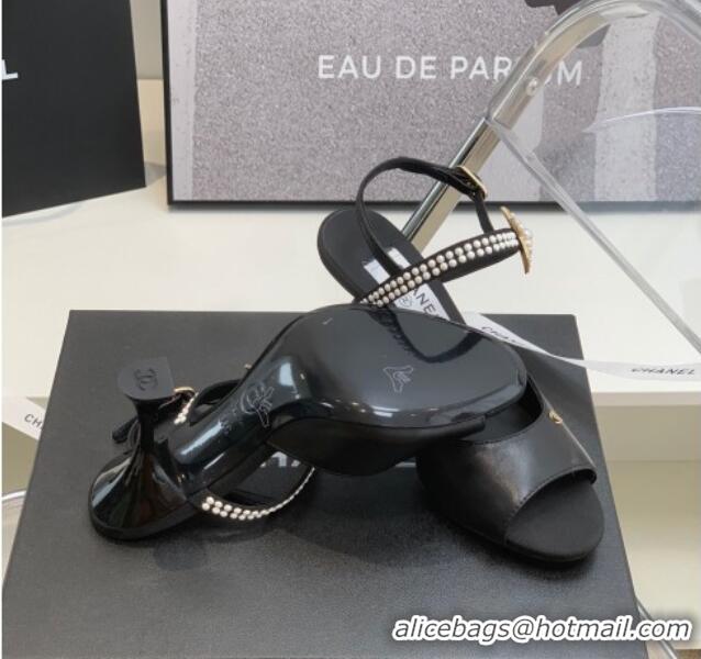 Sumptuous Chanel Lambskin Heel Sandals with Pearl and Star Charm 8cm Black 122007