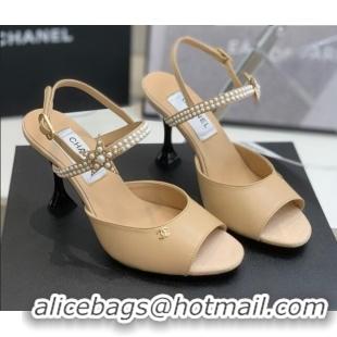 Duplicate Chanel Lambskin Heel Sandals with Pearl and Star Charm 8cm 122007 Apricot