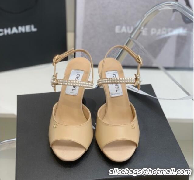 Duplicate Chanel Lambskin Heel Sandals with Pearl and Star Charm 8cm 122007 Apricot