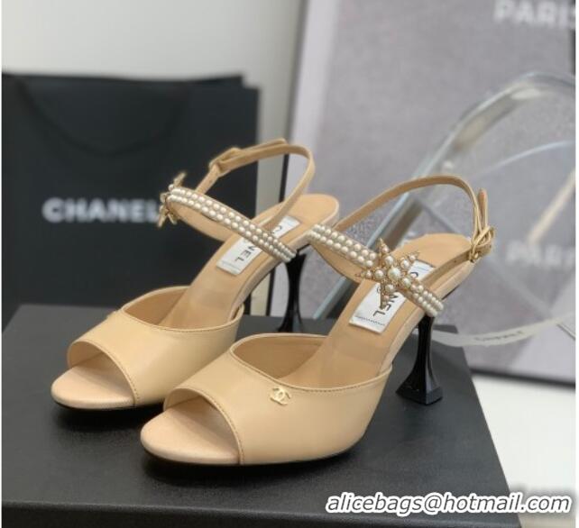 Duplicate Chanel Lambskin Heel Sandals with Pearl and Star Charm 8cm 122007 Apricot