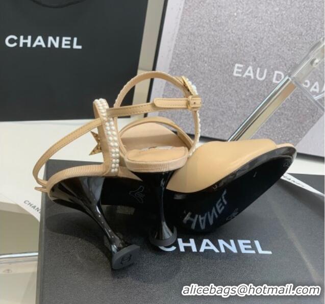 Duplicate Chanel Lambskin Heel Sandals with Pearl and Star Charm 8cm 122007 Apricot