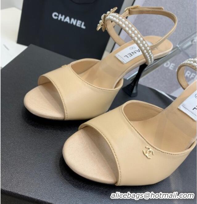 Duplicate Chanel Lambskin Heel Sandals with Pearl and Star Charm 8cm 122007 Apricot