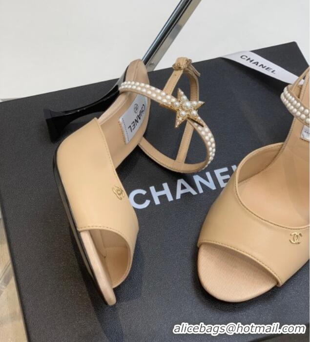 Duplicate Chanel Lambskin Heel Sandals with Pearl and Star Charm 8cm 122007 Apricot