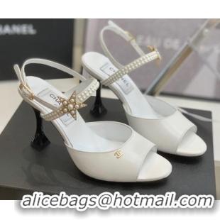 Stylish Chanel Lambskin Heel Sandals with Pearl and Star Charm 8cm 122007 White