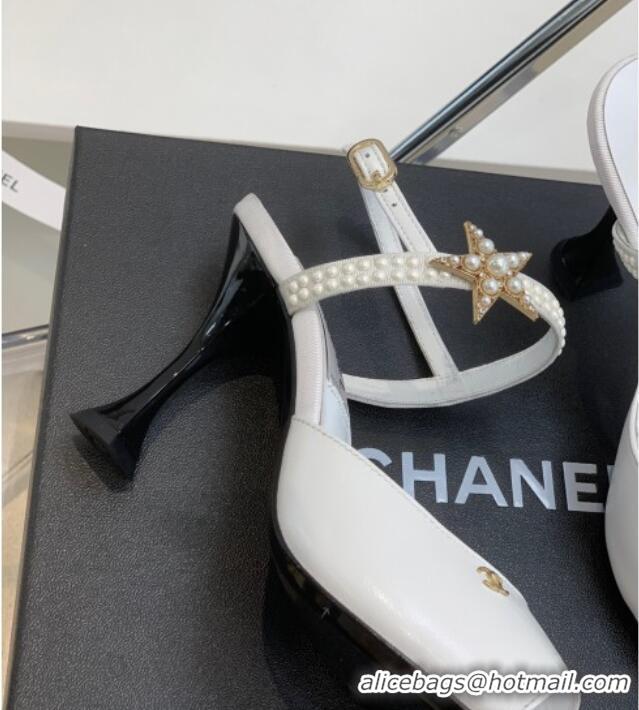 Stylish Chanel Lambskin Heel Sandals with Pearl and Star Charm 8cm 122007 White