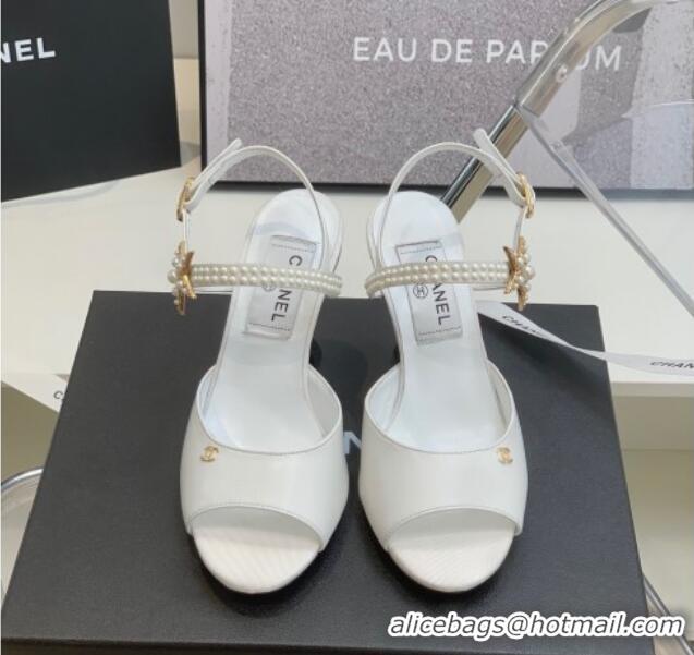 Stylish Chanel Lambskin Heel Sandals with Pearl and Star Charm 8cm 122007 White