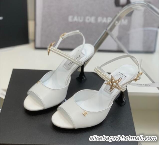 Stylish Chanel Lambskin Heel Sandals with Pearl and Star Charm 8cm 122007 White