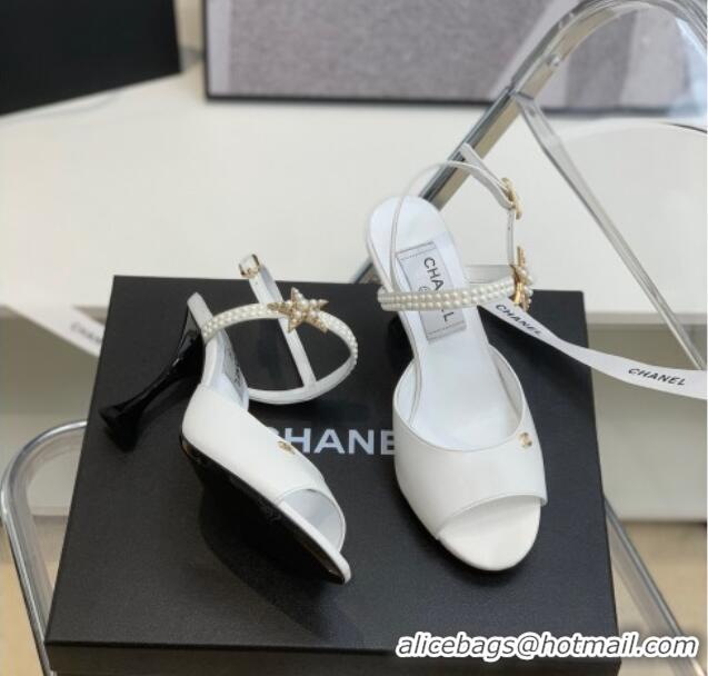 Stylish Chanel Lambskin Heel Sandals with Pearl and Star Charm 8cm 122007 White