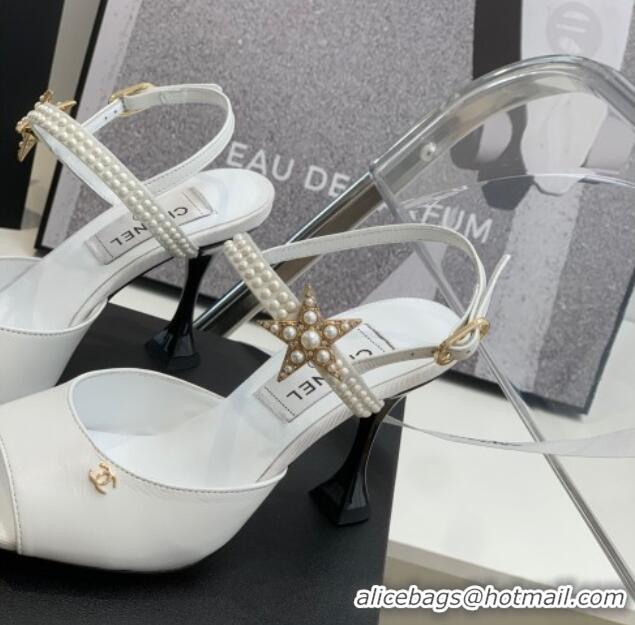 Stylish Chanel Lambskin Heel Sandals with Pearl and Star Charm 8cm 122007 White