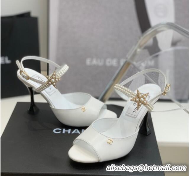 Stylish Chanel Lambskin Heel Sandals with Pearl and Star Charm 8cm 122007 White