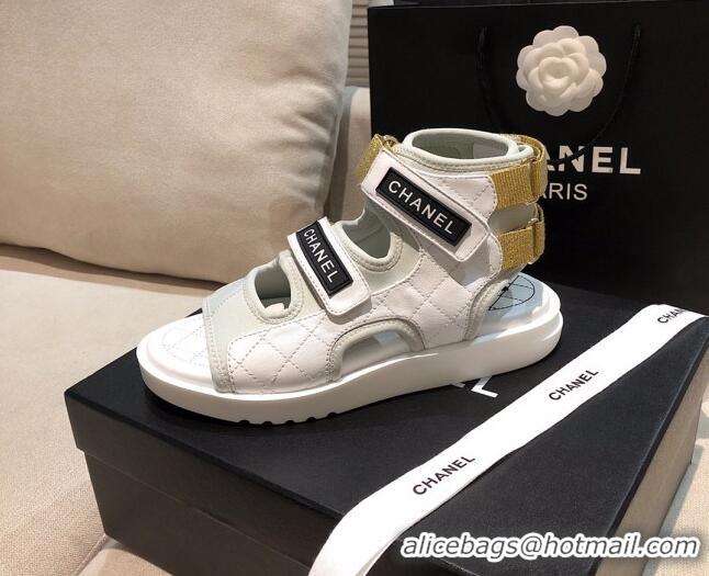 Best Price Chanel Leather High-top Strap Flat Sandals G37231 White