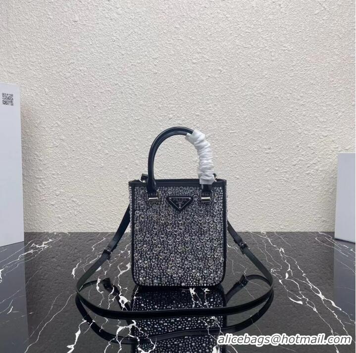 Buy Discount Prada leather small-bag with artificial crystals tote 1BC331 Black