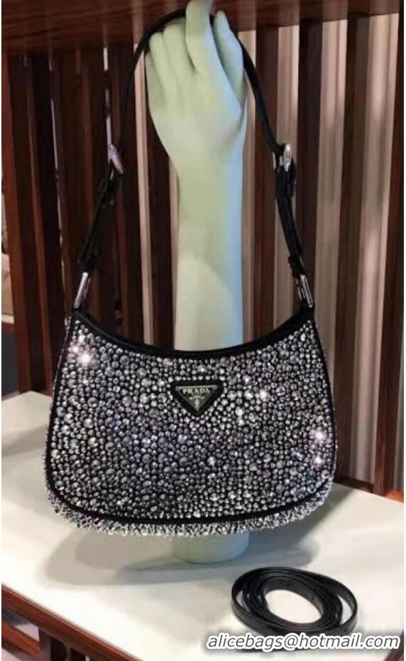 Classic Prada leather shoulder bag with artificial crystals tote 1BN169 black