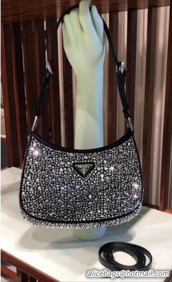 Classic Prada leather shoulder bag with artificial crystals tote 1BN169 black