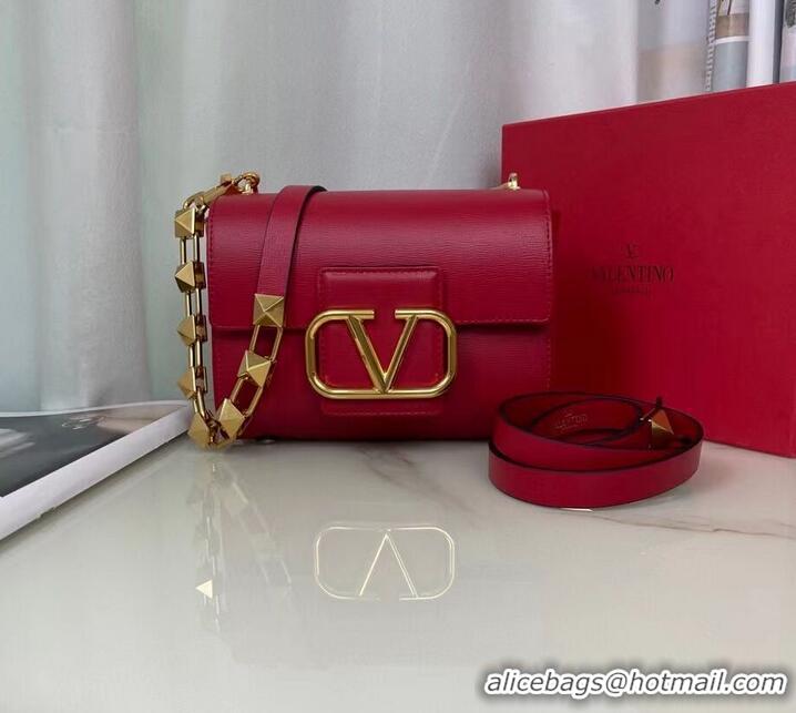 Super Quality VALENTINO GARAVANI Stud Sign Grained Calfskin Shoulder Bag V0196 Red